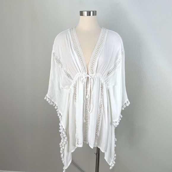 Michael Stars Other - Michael Stars White Kimono Top Tie front OS Relaxed Fit Tassel Tunic Ruana Top